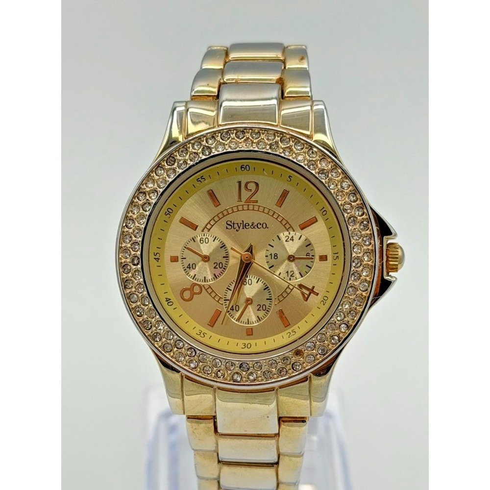 Style & Co Gold Tone Watch Crystal Bezel Quartz Women's 6" Runs New‎ Battery